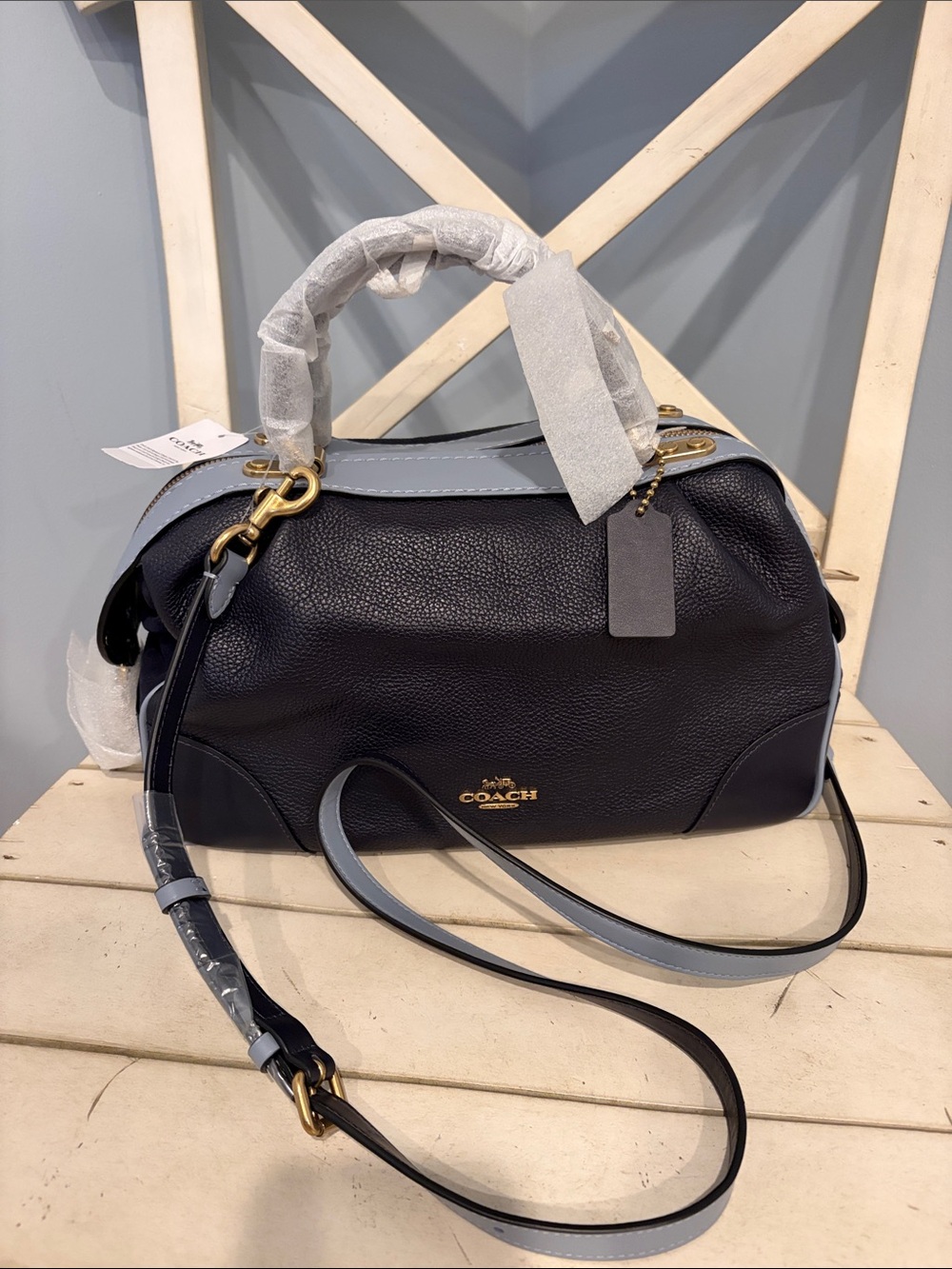 Coach Two-Tone Pebble Leather Satchel in Navy Blue and Light Blue